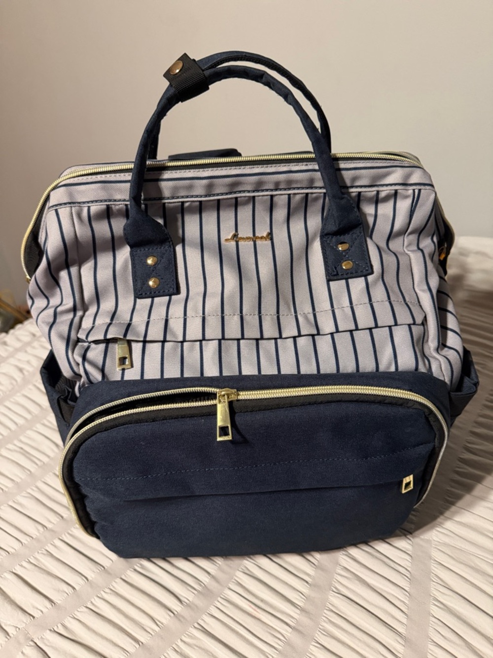 Lovevook Striped Navy & Cream Backpack Bag with Front Pocket